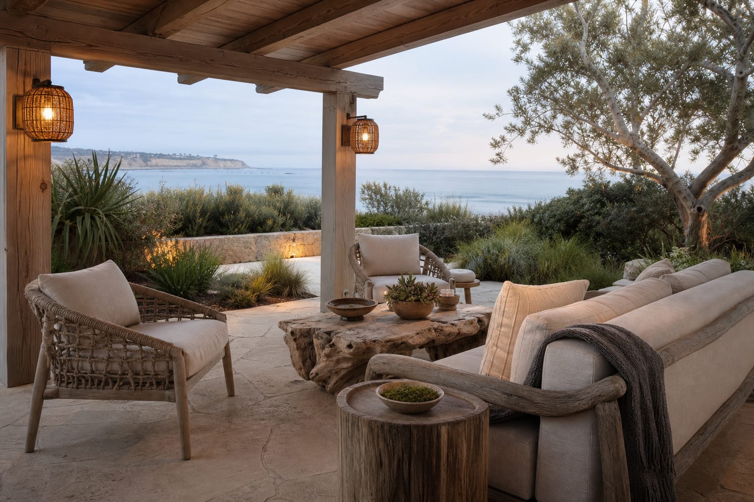 covered coastal patio with linen cushions, driftwood table, woven chairs, sandy pavers, and soft dune planting