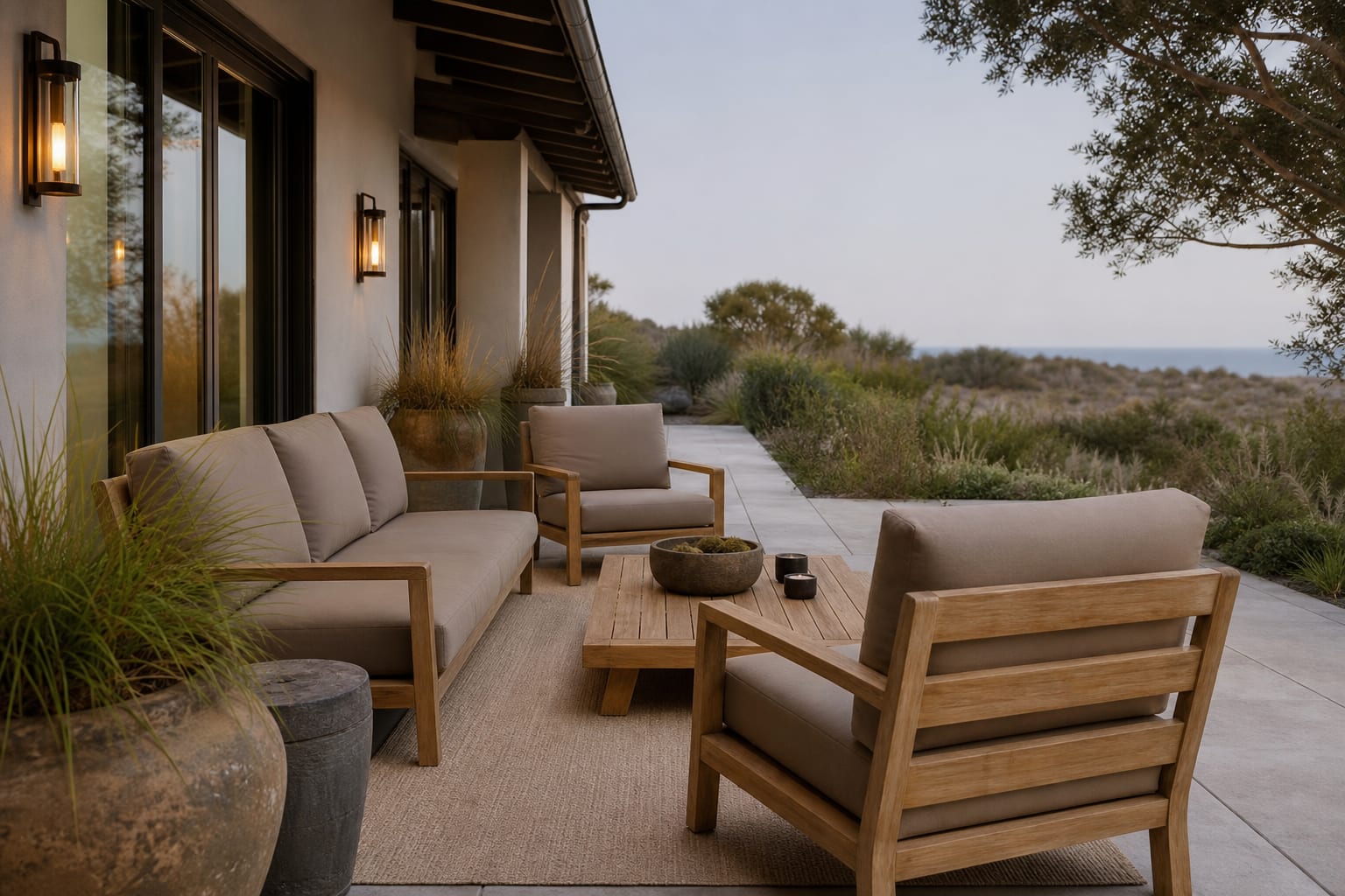 coastal patio seating with taupe cushions, teak lounge chairs, pale outdoor rug, grasses in ceramic pots, and warm sconces