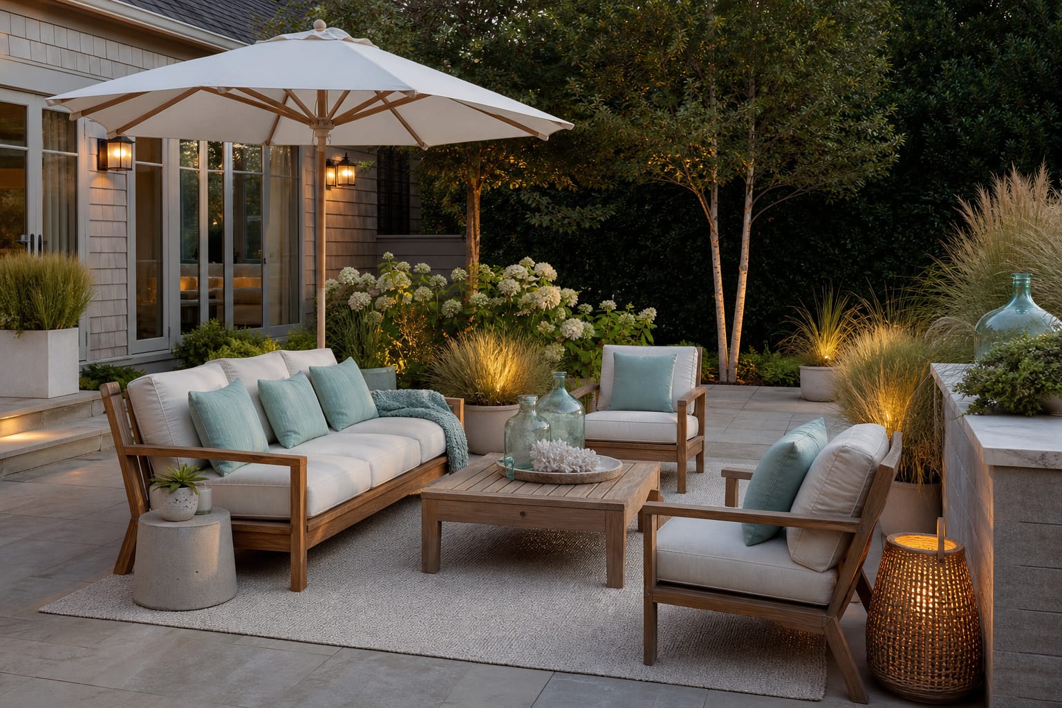 AI preview of the same patio testing a coastal layout with a pale rug, teak furniture, grasses, umbrella shade, and sea-glass accents