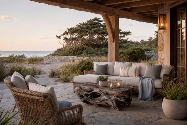 covered coastal patio with linen cushions, driftwood table, woven chairs, sandy pavers, and soft dune planting