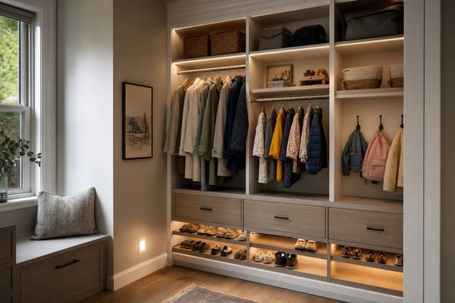 family entry coat closet with labeled shelves, double hanging rods, shoe trays, and kid-height hooks in a compact hallway
