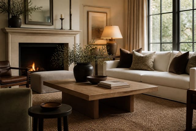 Coffee Table Ideas in a living room, shown as a warm editorial Re-Design concept