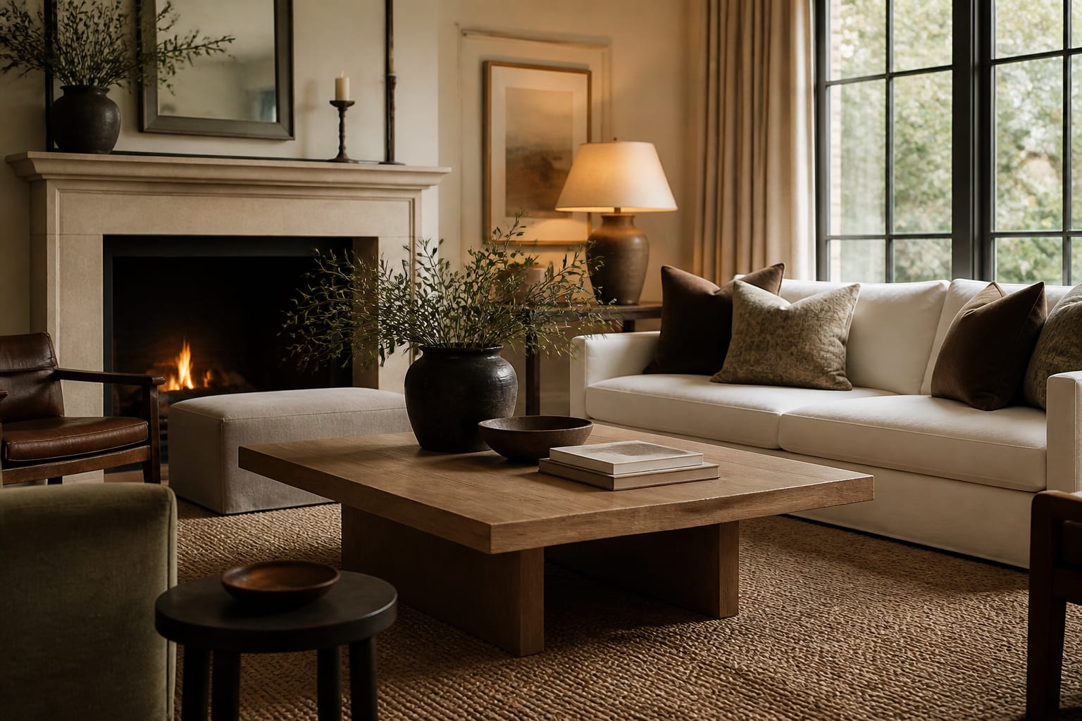 Coffee Table Ideas in a living room, shown as a warm editorial Re-Design concept