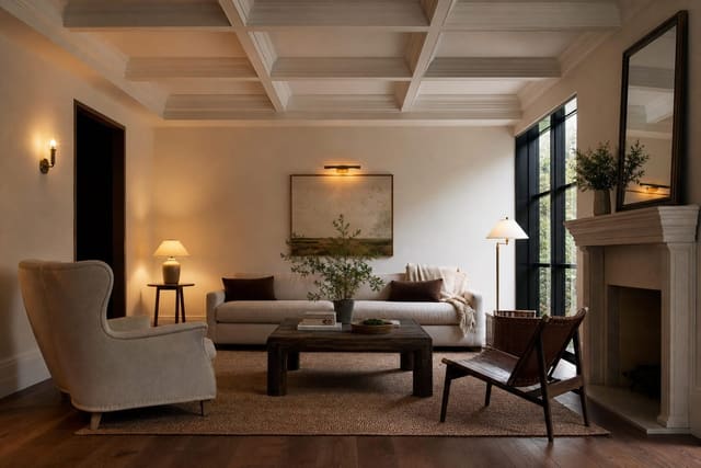 white painted coffered ceiling over a simple living room with warm wood floors and low brass lighting