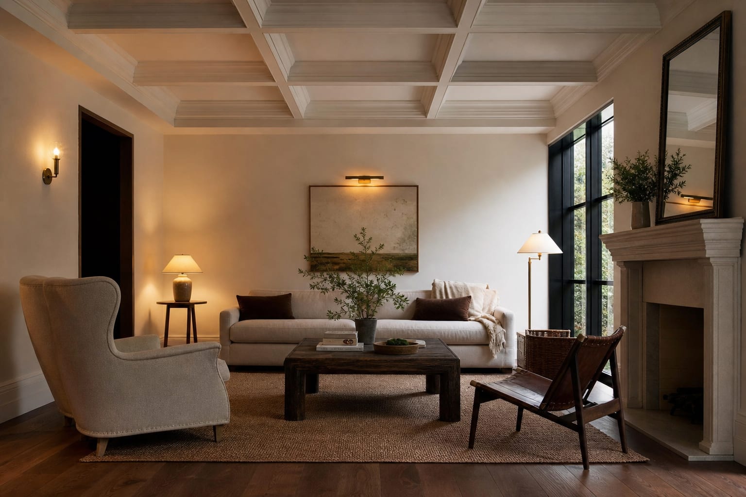 white painted coffered ceiling over a simple living room with warm wood floors and low brass lighting