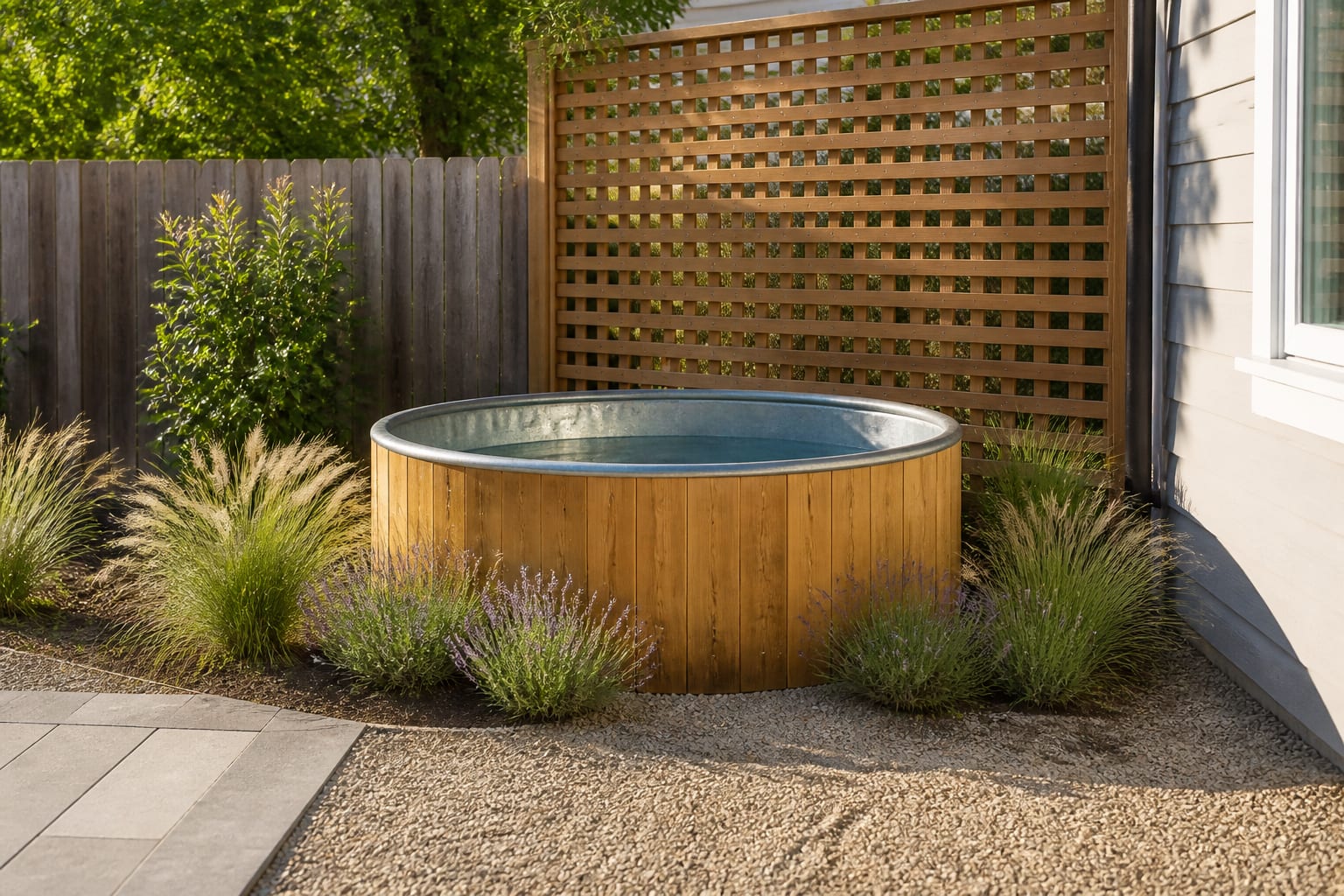 The same stock tank enclosed in a cedar frame surround on a gravel pad, flanked by ornamental grasses and a small privacy screen