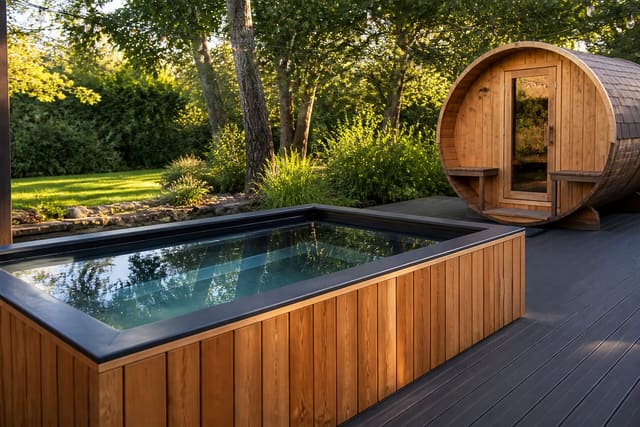 Commercial cold plunge tub with cedar surround on a composite deck beside a barrel sauna