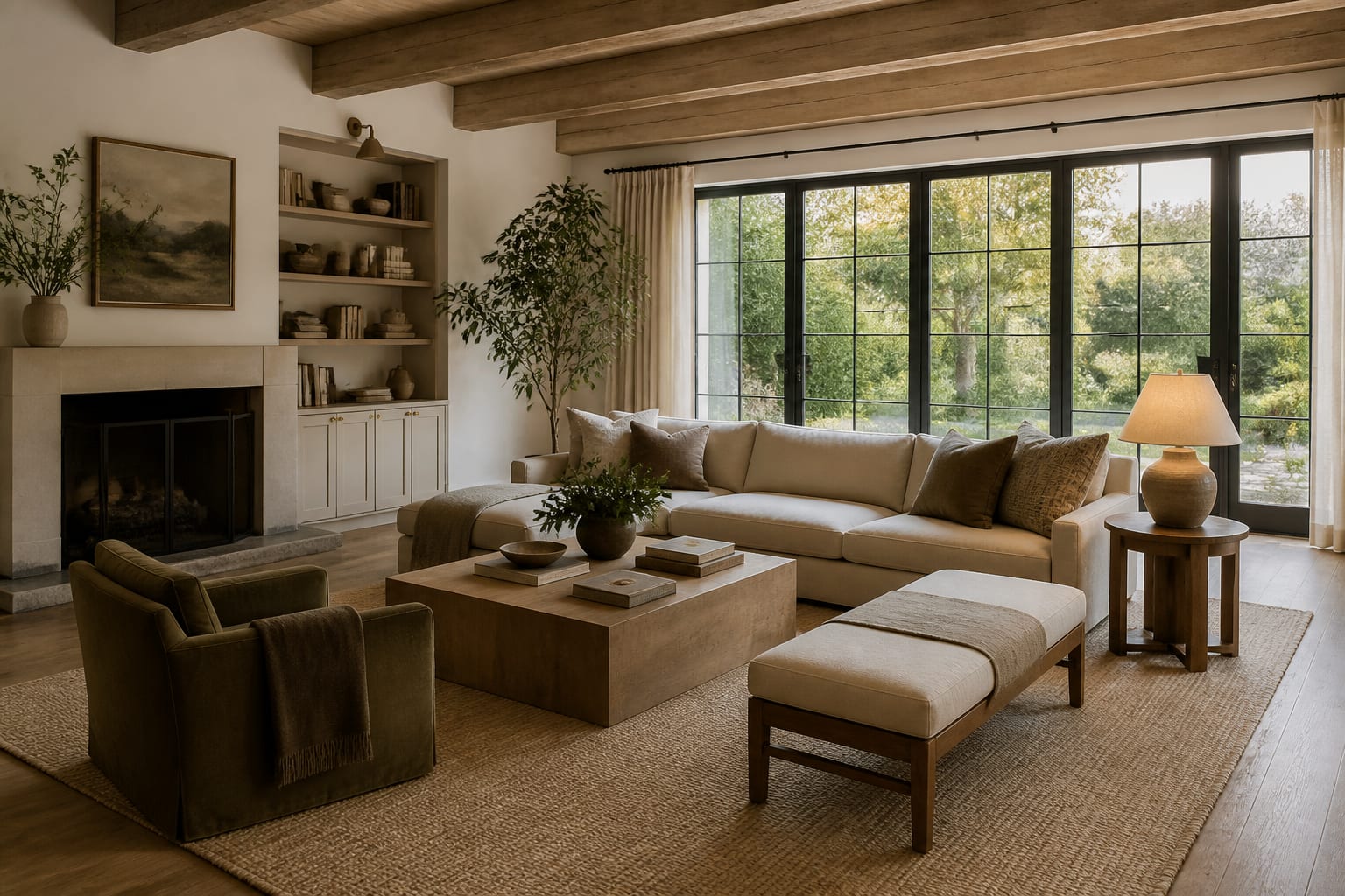 living room photo transformed into a warmer redesign concept with scaled seating, rug, storage, and layered lamps
