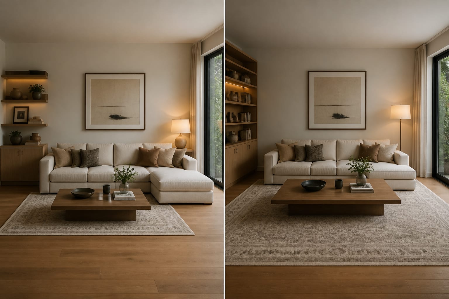side-by-side AI room concept showing the same sofa wall with corrected rug scale, storage depth, and lamp placement