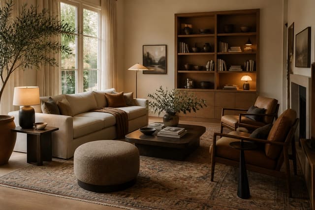 living room photo transformed into a warmer redesign concept with scaled seating, rug, storage, and layered lamps