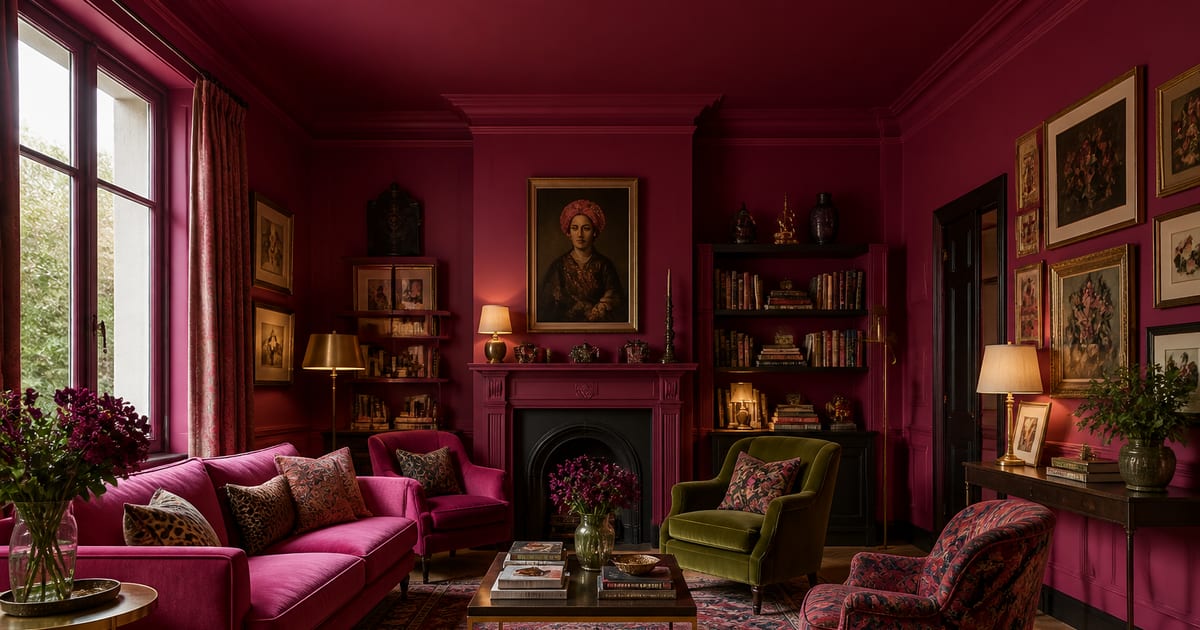 Colour drenched room with matching walls ceiling skirting boards and doors in a single warm tone