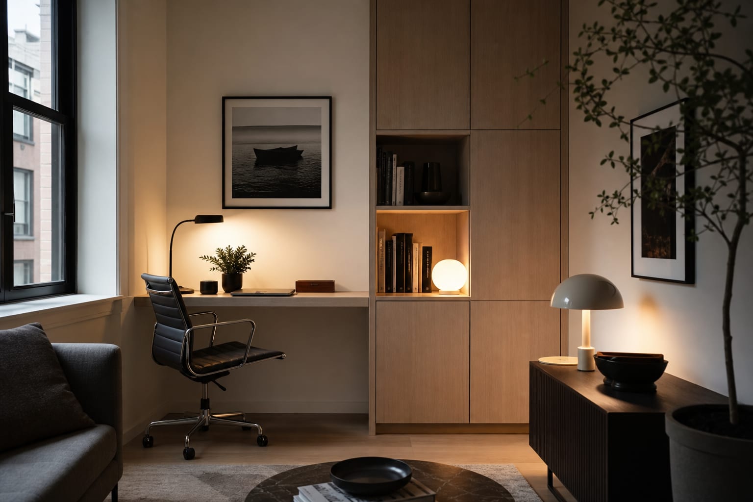 compact home office with a shallow wall desk, slim task chair, warm lamp, and closed storage in a calm apartment corner