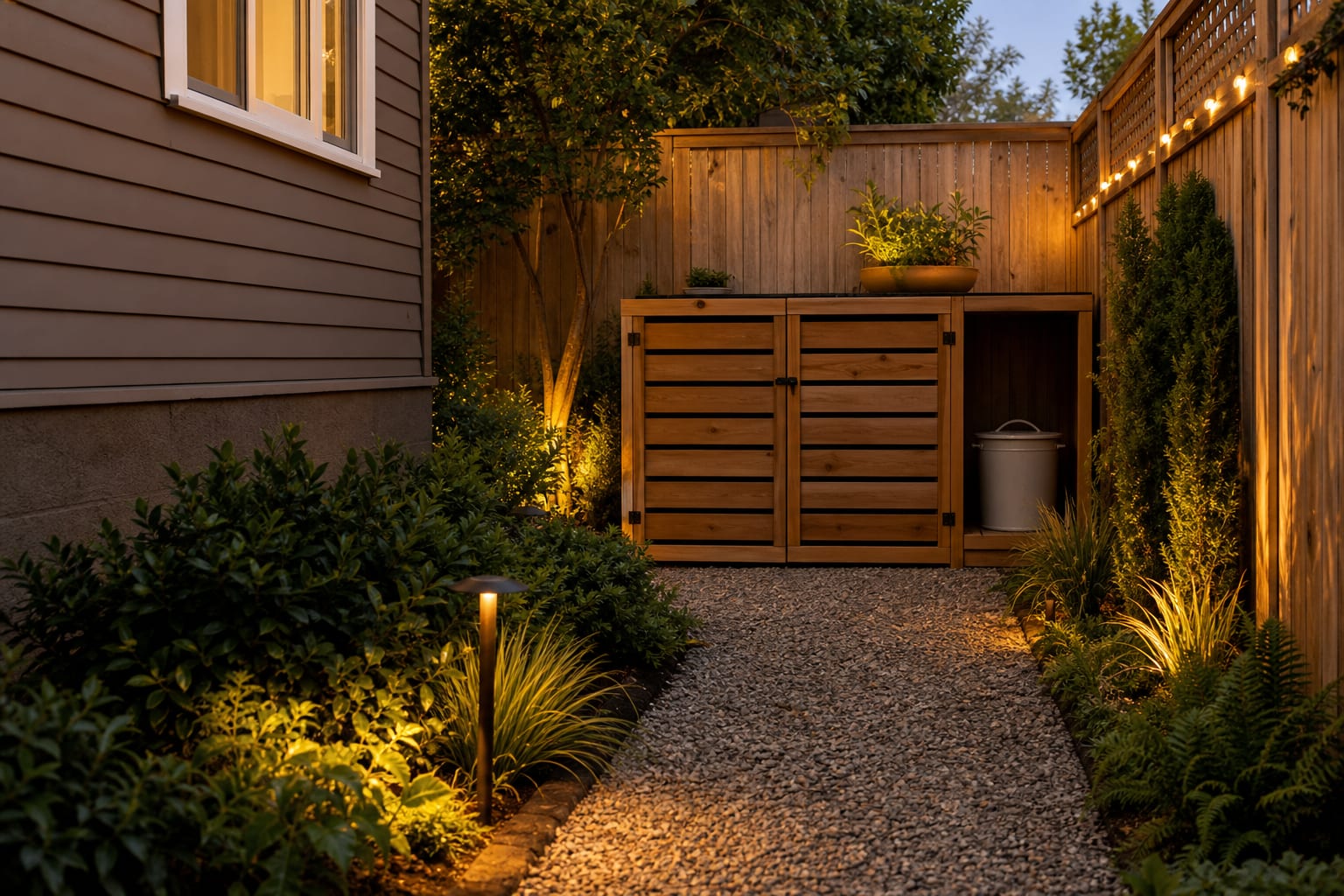 same garden corner with a timber compost enclosure, gravel access path, evergreen shrubs, grasses, and a lidded kitchen scrap pail shelf