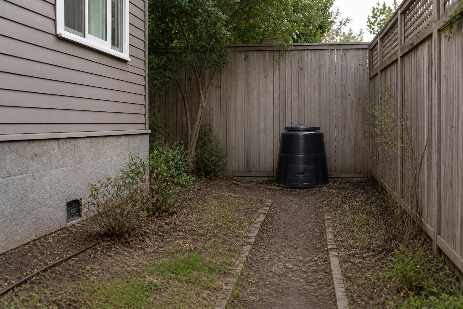 exposed black compost bin on bare soil beside a narrow muddy garden path with no screening or planting structure