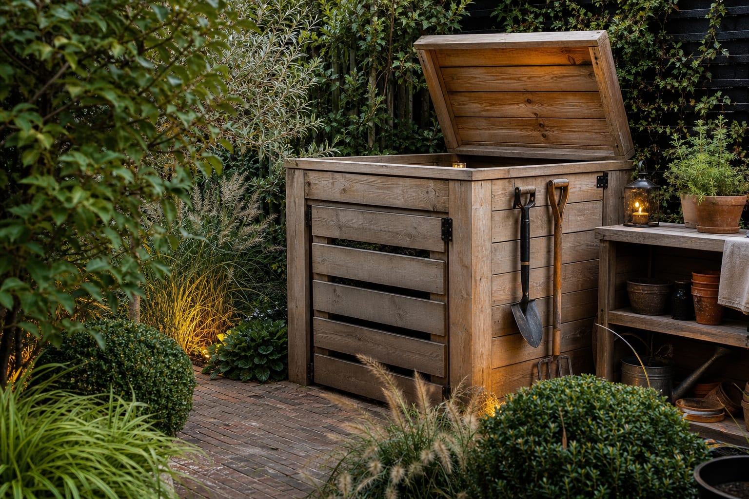 timber compost enclosure screened by grasses, brick path, clipped shrubs, and a small tool shelf in a working garden corner