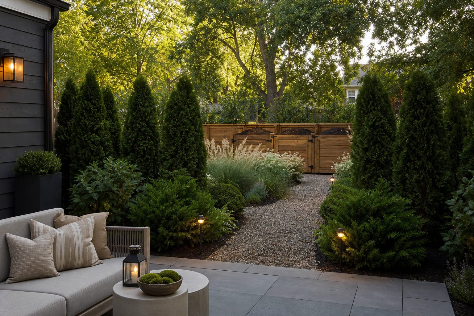 cedar compost bays behind ornamental grasses with a gravel working path and evergreen shrubs screening the view from a patio