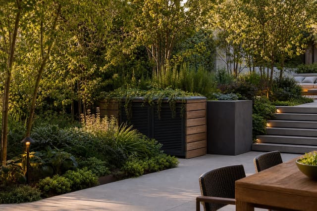Compost Garden Ideas: Integrating Composting Into a Beautiful Garden shown as a photorealistic outdoor redesign with layered materials, planting, lighting, and clear circulation