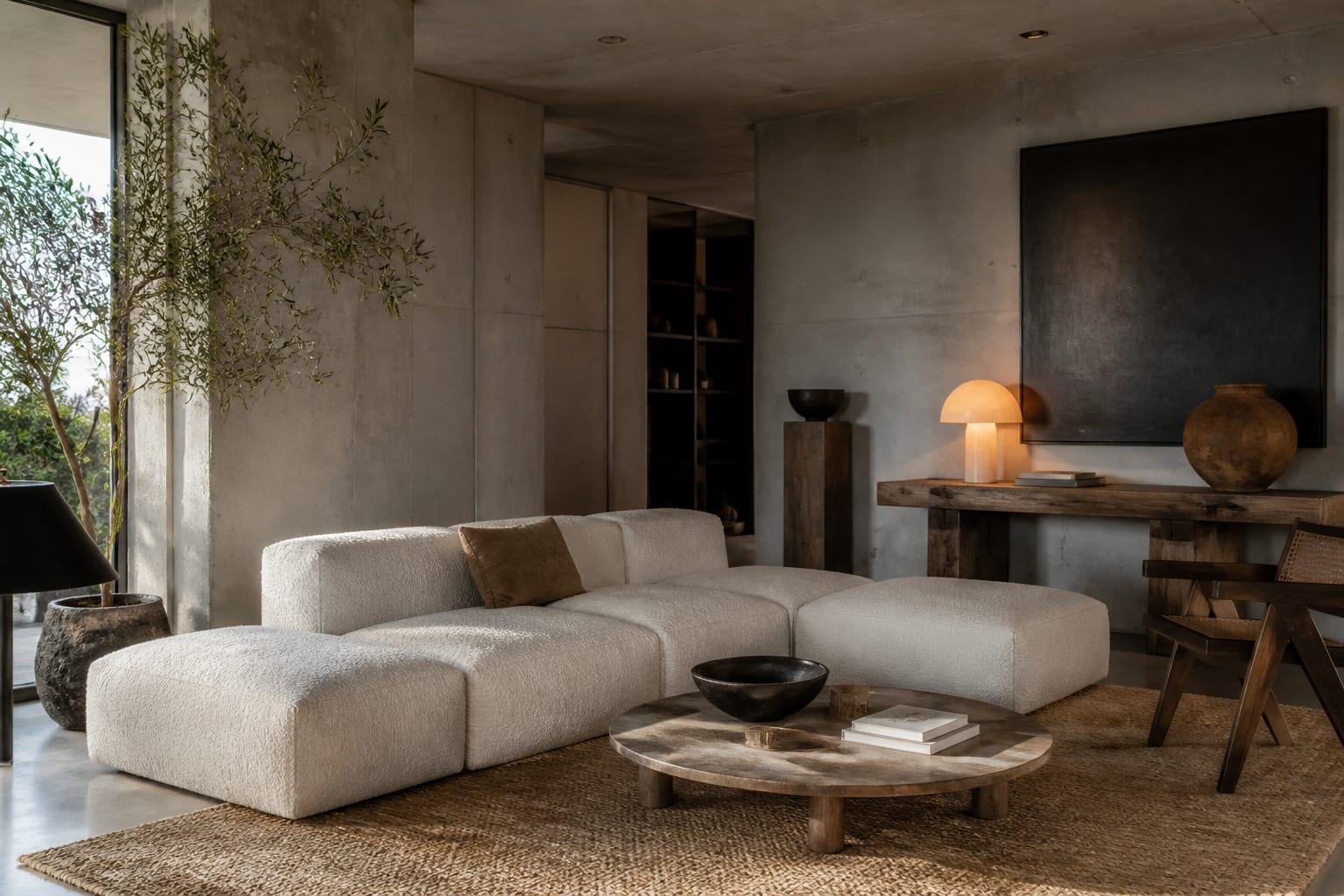 Concrete Interior Design Ideas: Industrial to Residential, shown as warm editorial Re-Design photography with believable residential scale, no overlaid text, no watermark