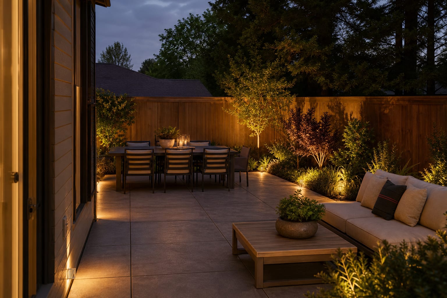 stained concrete patio with a dining table, outdoor rug, large planters, string lights, and a pergola framing the same backyard view.