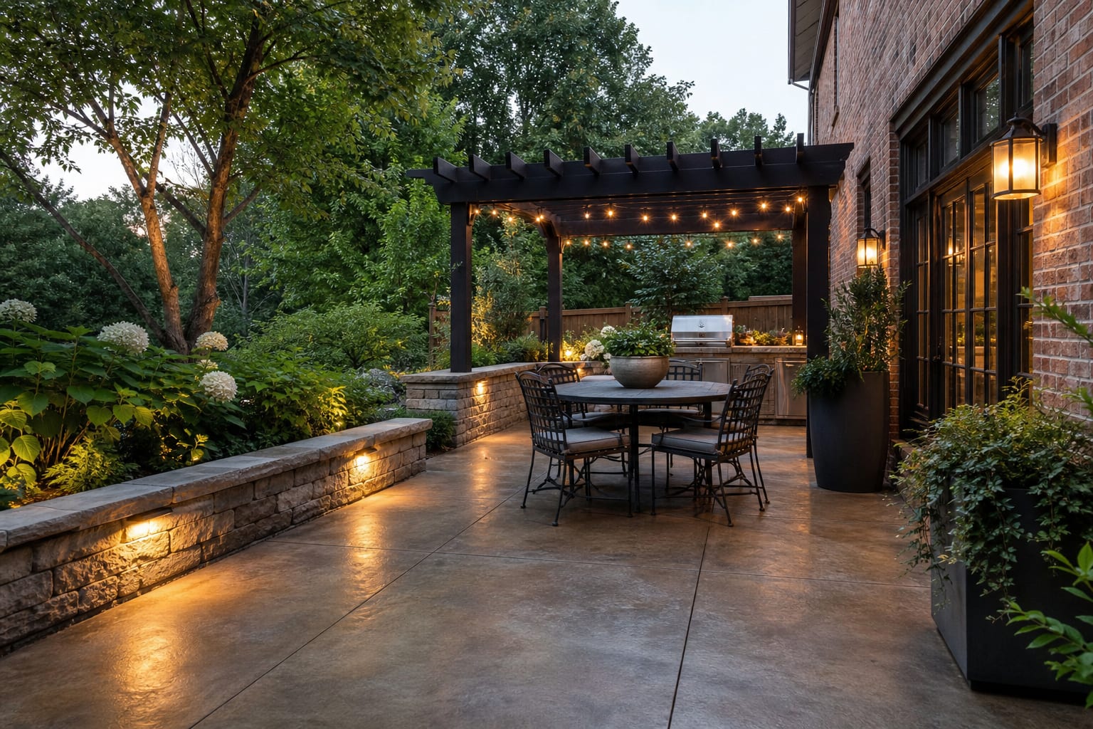 stained concrete patio with black metal dining furniture, planters, a pergola, and warm wall lights beside a brick house