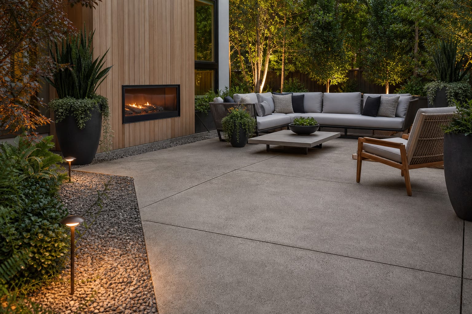 scored and stained concrete patio with lounge furniture, gravel border, tall planters, and low voltage path lighting