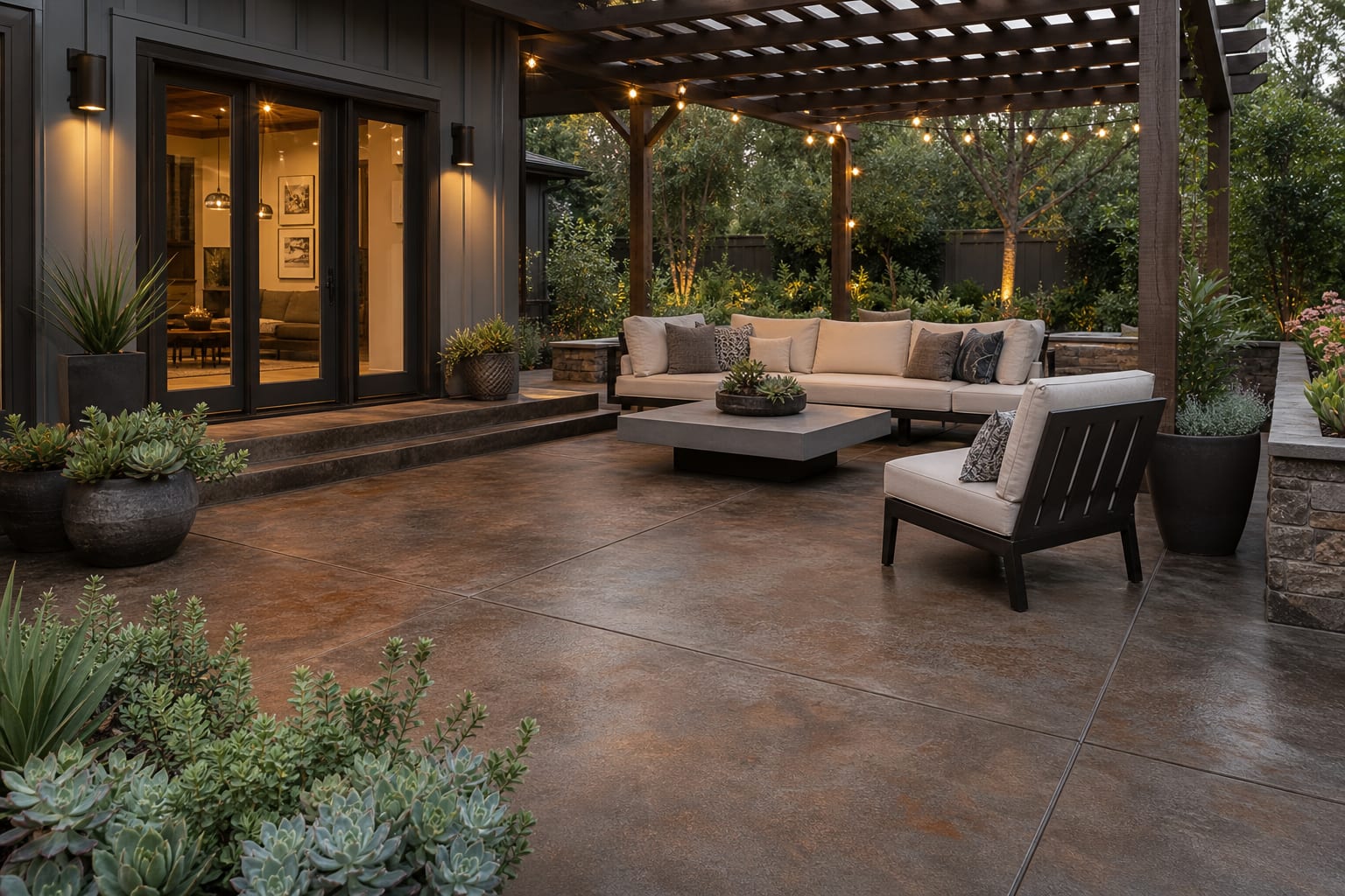 AI patio preview showing the same concrete slab with stained finish options, pergola shade, planters, and scaled outdoor seating