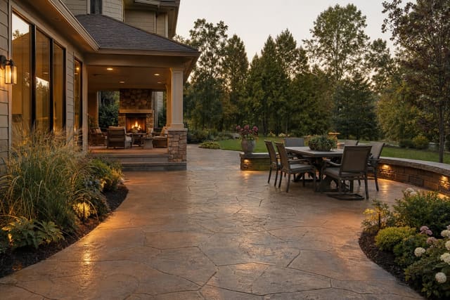 Concrete Patio Ideas: Stamped, stained, and refined concrete surfaces with dining and lounge zones