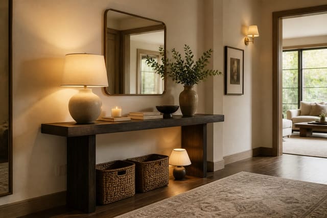 Console Table Styling Ideas in a hallway, shown as a warm editorial Re-Design concept