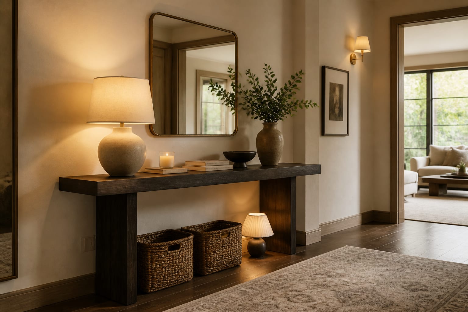 Console Table Styling Ideas in a hallway, shown as a warm editorial Re-Design concept