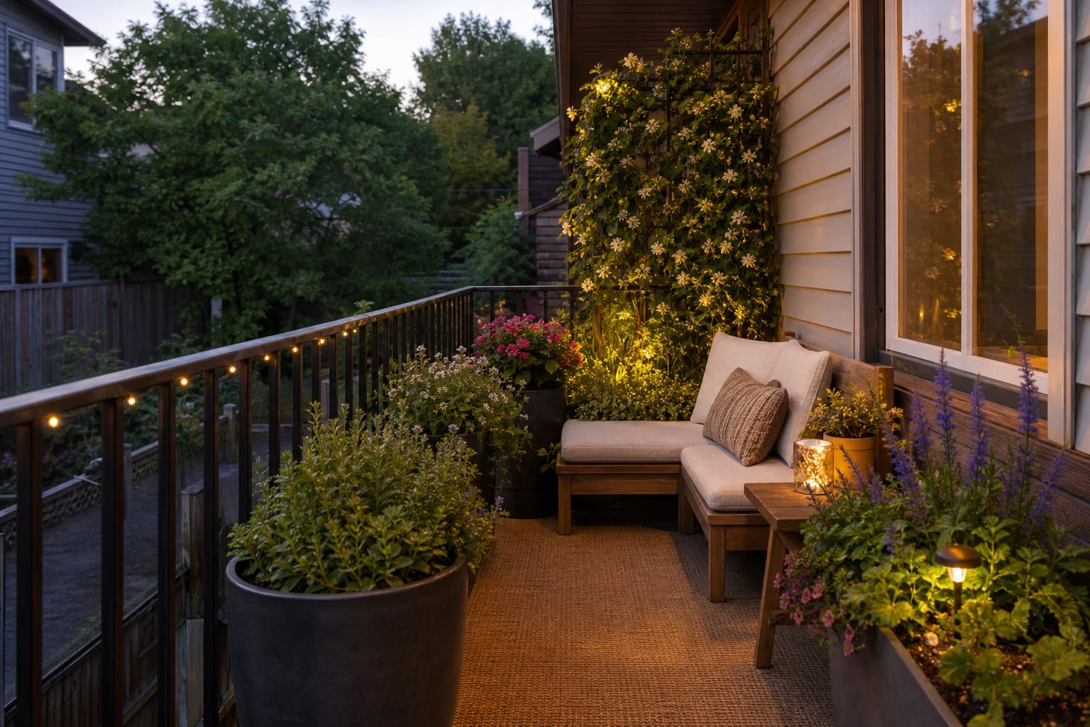 The same balcony angle redesigned with large containers, herbs, flowering plants, a climbing vine, and a compact seating corner.