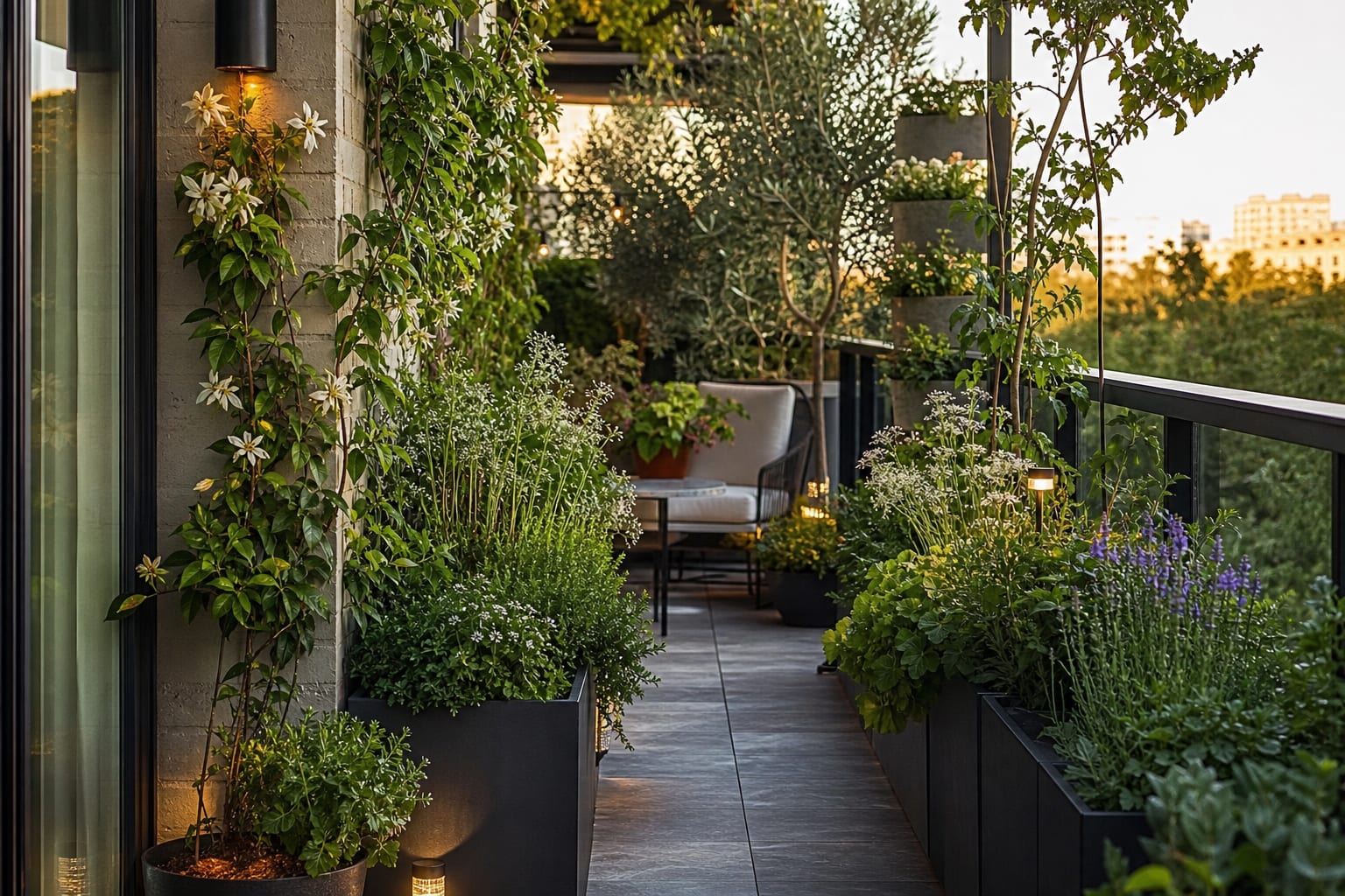 layered balcony container garden with large planters, herbs, climbers, and a narrow seating area with clear walking space