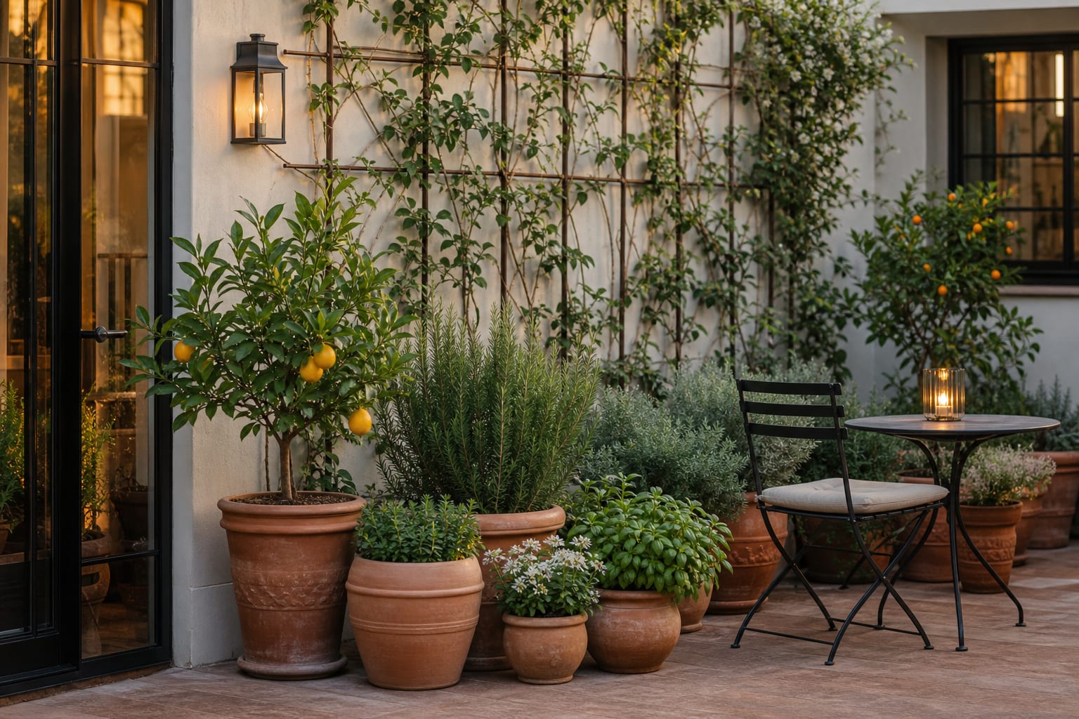 patio container garden with grouped terracotta pots, herbs, dwarf citrus, trellis vines, and a small bistro chair