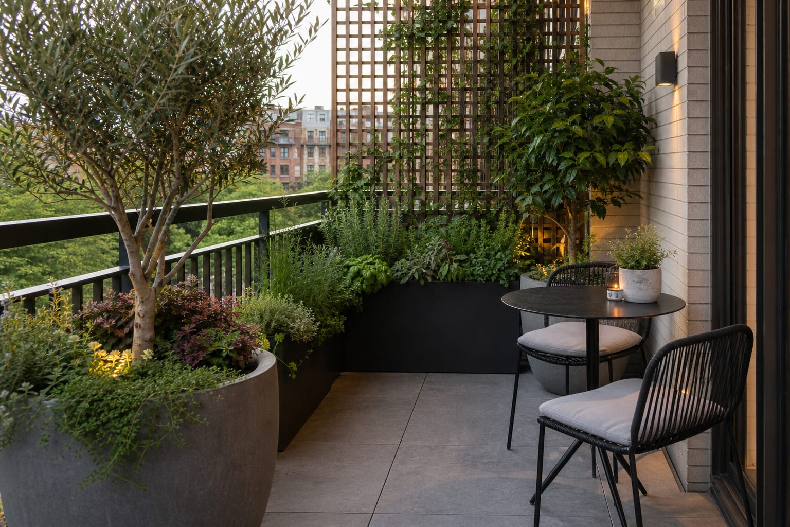 small balcony preview showing large planters, herb trough, trellis screen, and bistro seating arranged with clear circulation