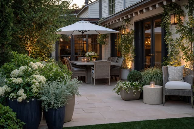Container Gardening Ideas: Big Impact From Pots on Patios and Balconies shown as a photorealistic outdoor redesign with layered materials, planting, lighting, and clear circulation