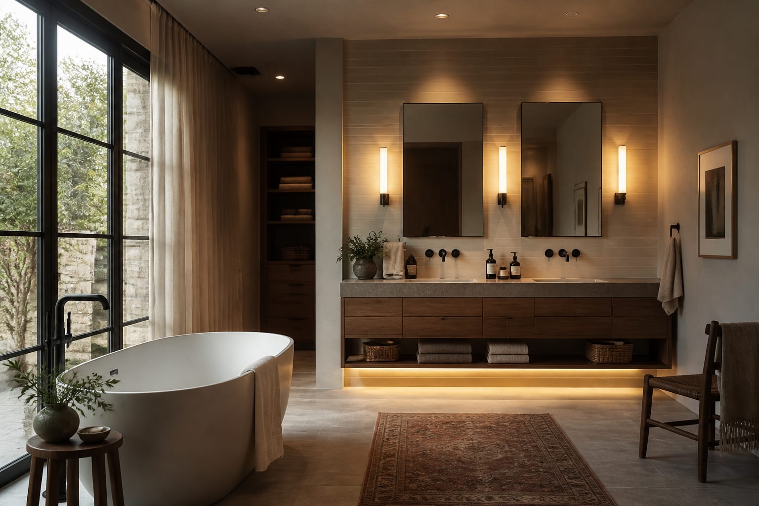 Editorial interior photograph showing contemporary bathroom ideas that actually work in real homes in a real bathroom, with contemporary materials, layered warm lighting, styled furniture, and a magazine-quality residential composition.