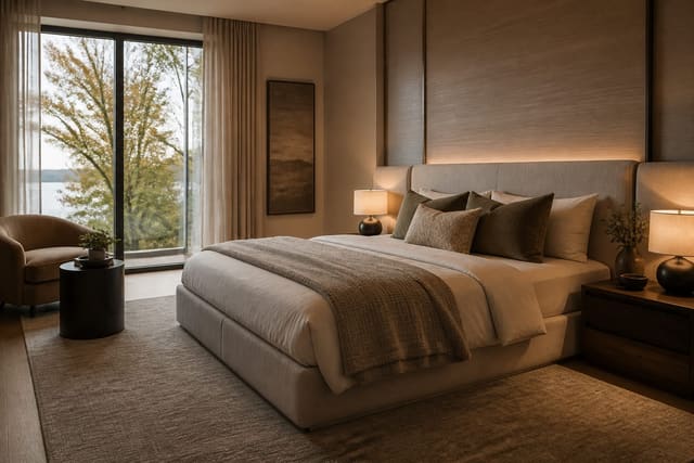 Editorial interior photograph showing a contemporary bedroom with upholstered bed, warm neutral bedding, integrated lighting, and minimal clutter.