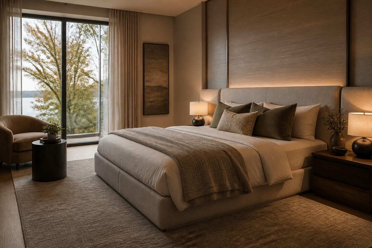 Editorial interior photograph showing a contemporary bedroom with upholstered bed, warm neutral bedding, integrated lighting, and minimal clutter.