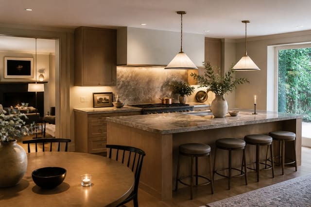 Editorial interior photograph showing contemporary kitchen ideas that balance beauty and daily function in a real kitchen, with contemporary materials, layered warm lighting, styled furniture, and a magazine-quality residential composition.