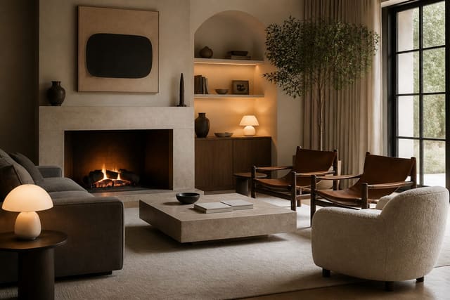 Editorial interior photograph showing a contemporary living room with tailored seating, warm neutrals, layered lighting, and quiet sculptural accents.