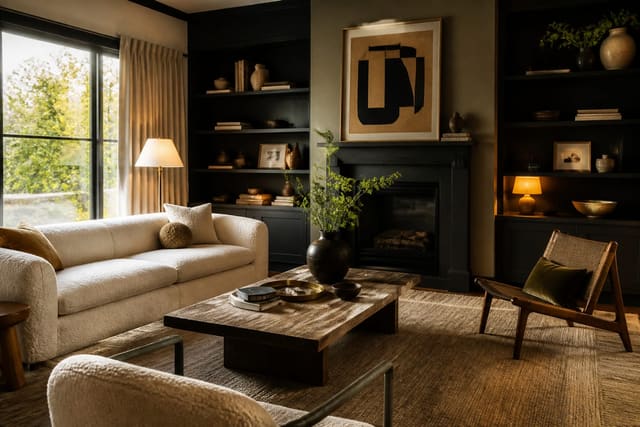 Editorial interior room illustrating contrast in interior design: using light, dark, and complementary colors with warm natural light, layered styling, and realistic residential scale