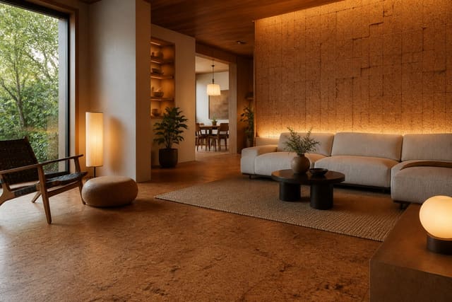 Cork Material Guide: Flooring, Wall Tiles, and Sustainable Applications, shown as warm editorial Re-Design photography of a biophilic editorial residential interior design scene with believable residential scale, no overlaid text, no watermark