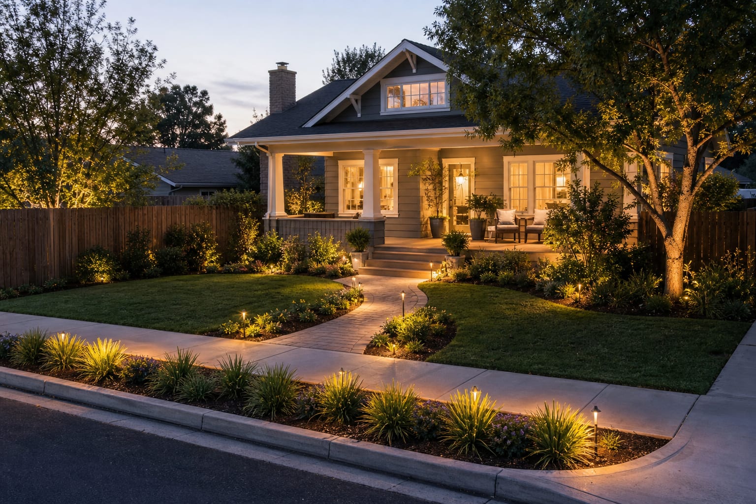 Same corner lot with low planting at the curb, layered shrubs near the porch, a curved walk, and warm path lighting along both street-facing edges.