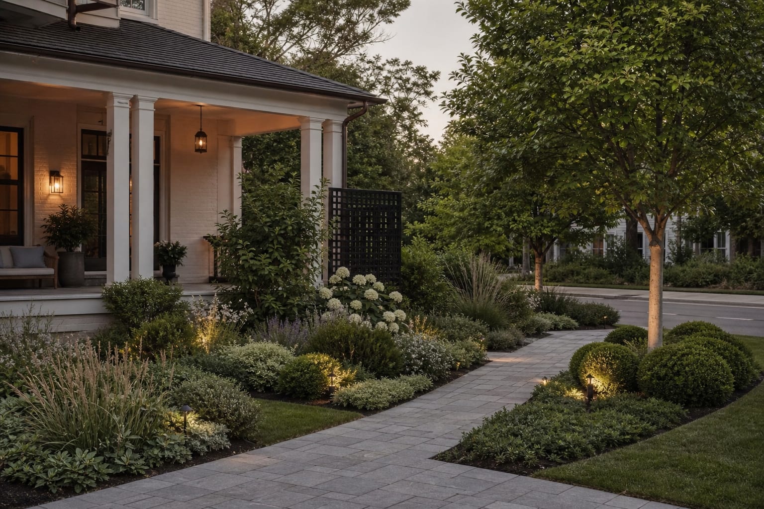 corner lot front yard with layered low planting, curved walk, trimmed street tree, and partial privacy near the porch