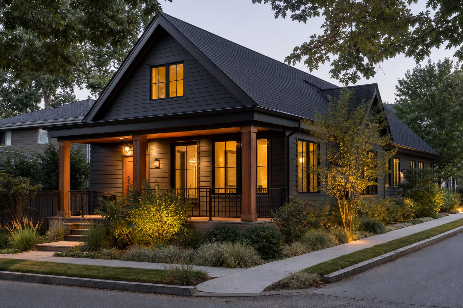 corner lot side street edge with low grasses at the curb, taller shrubs near windows, and a clear path to the porch