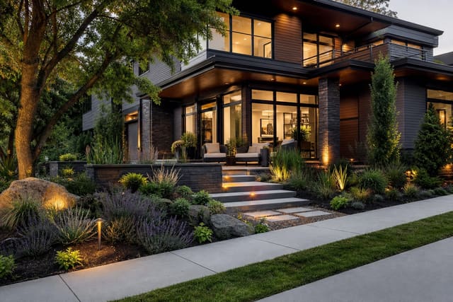 Corner Lot Landscaping Ideas: Making the Most of an Exposed Yard shown as a photorealistic outdoor redesign with layered materials, planting, lighting, and clear circulation