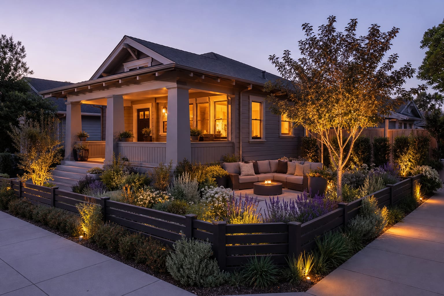 same corner front yard with a low fence, layered hedges, ornamental tree, and angled seating screened from both street edges