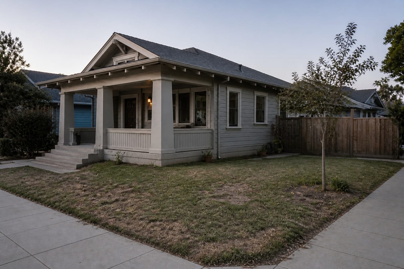 under designed corner front yard with open lawn, two exposed sidewalks, no planting layers, and a porch visible from both streets