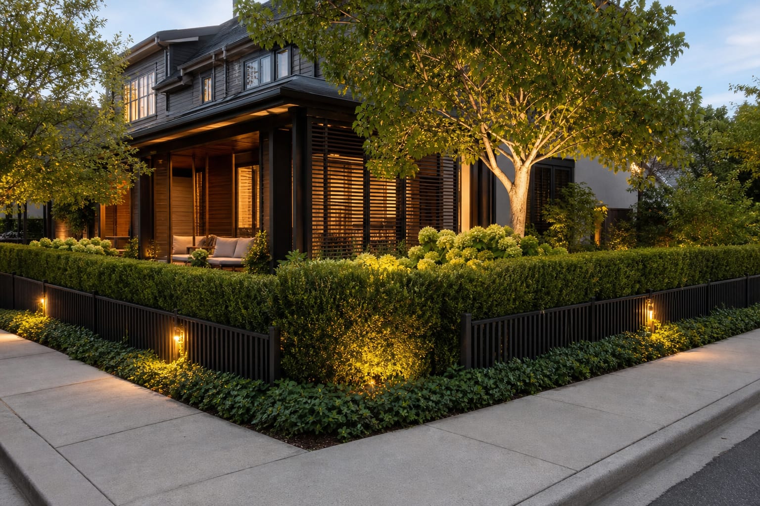 corner front yard with layered hedge, low fence, ornamental tree, and screened seating near two street-facing edges