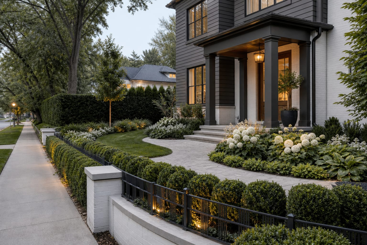 corner yard side street with taller hedge, low front fence, curved walkway, and layered foundation planting