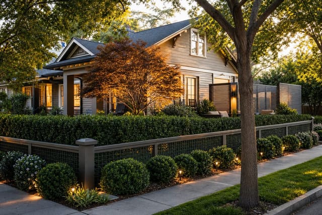corner front yard with layered hedge, low fence, ornamental tree, and screened seating near two street-facing edges
